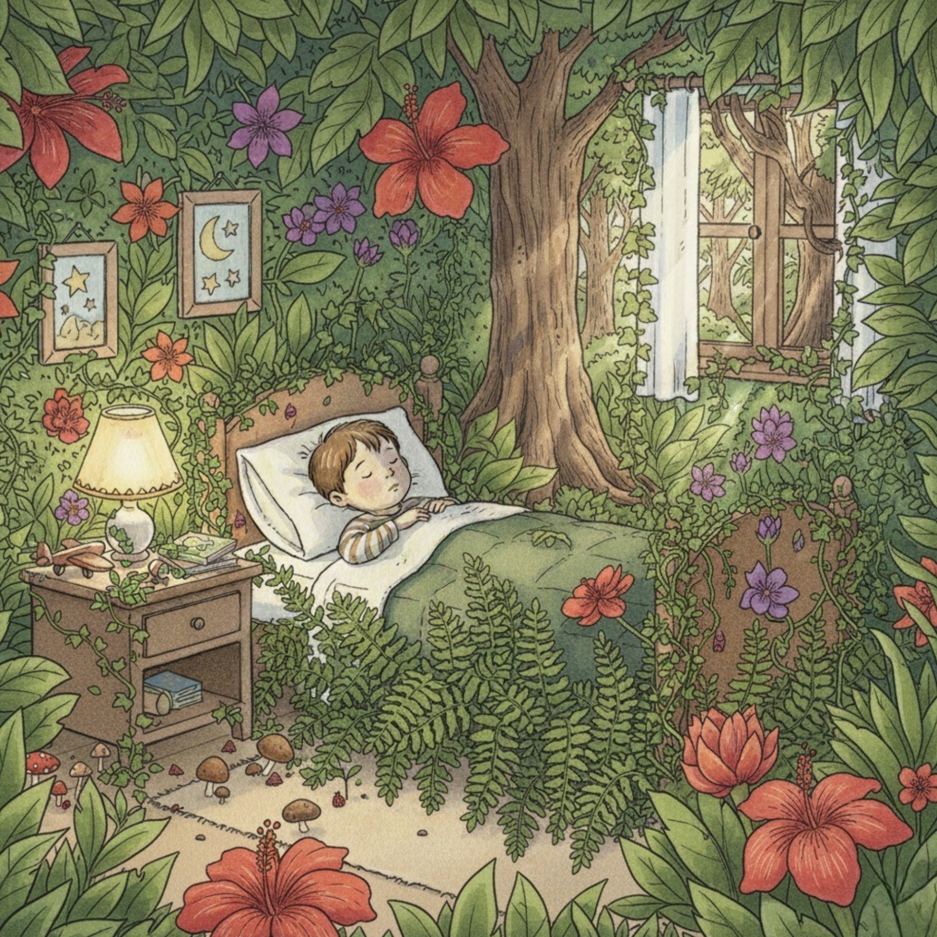 Child sleeping peacefully as the bedroom transforms into a jungle — from The Dinosaur Tree bedtime story