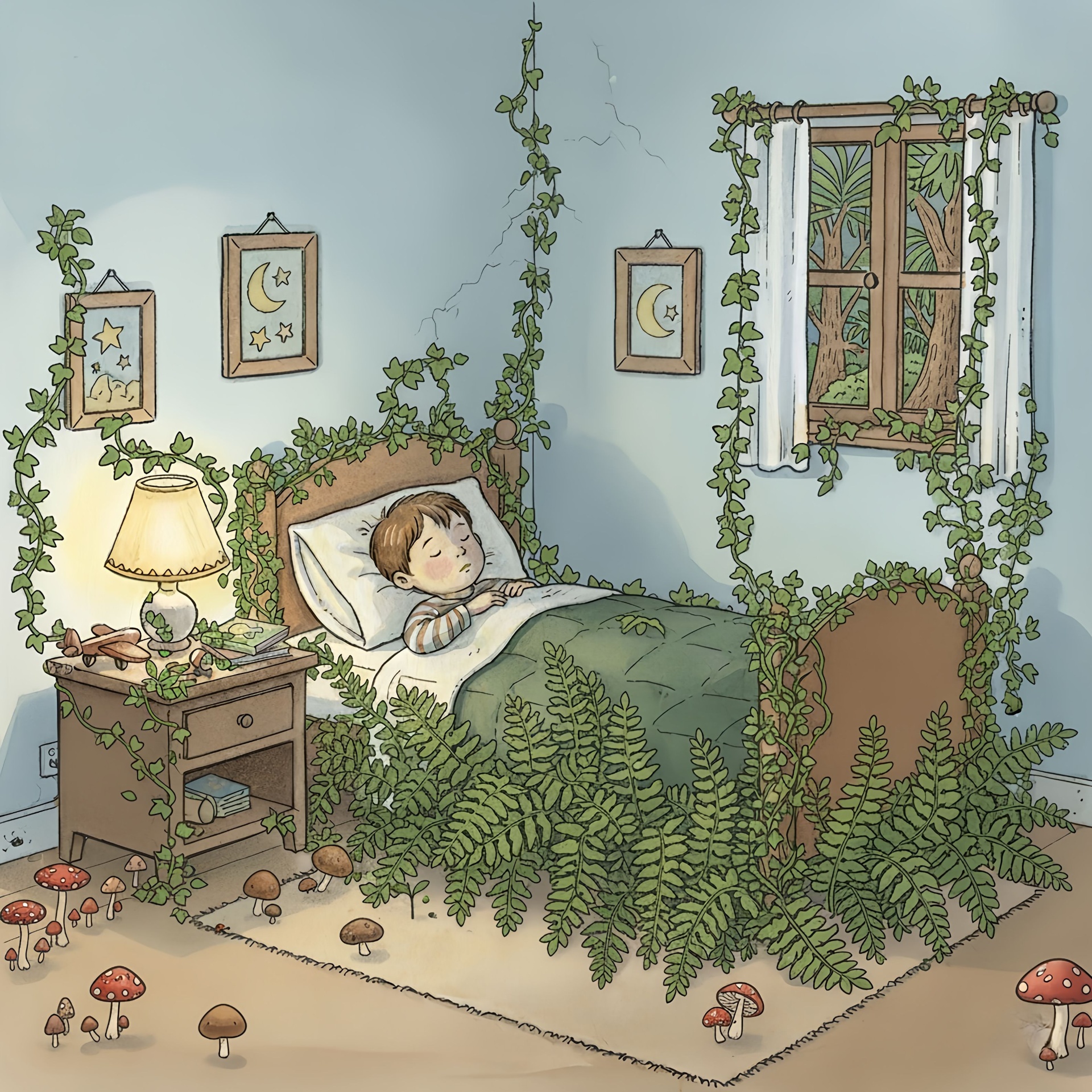 Magical jungle floor spreading through the bedroom — illustration from The Dinosaur Tree