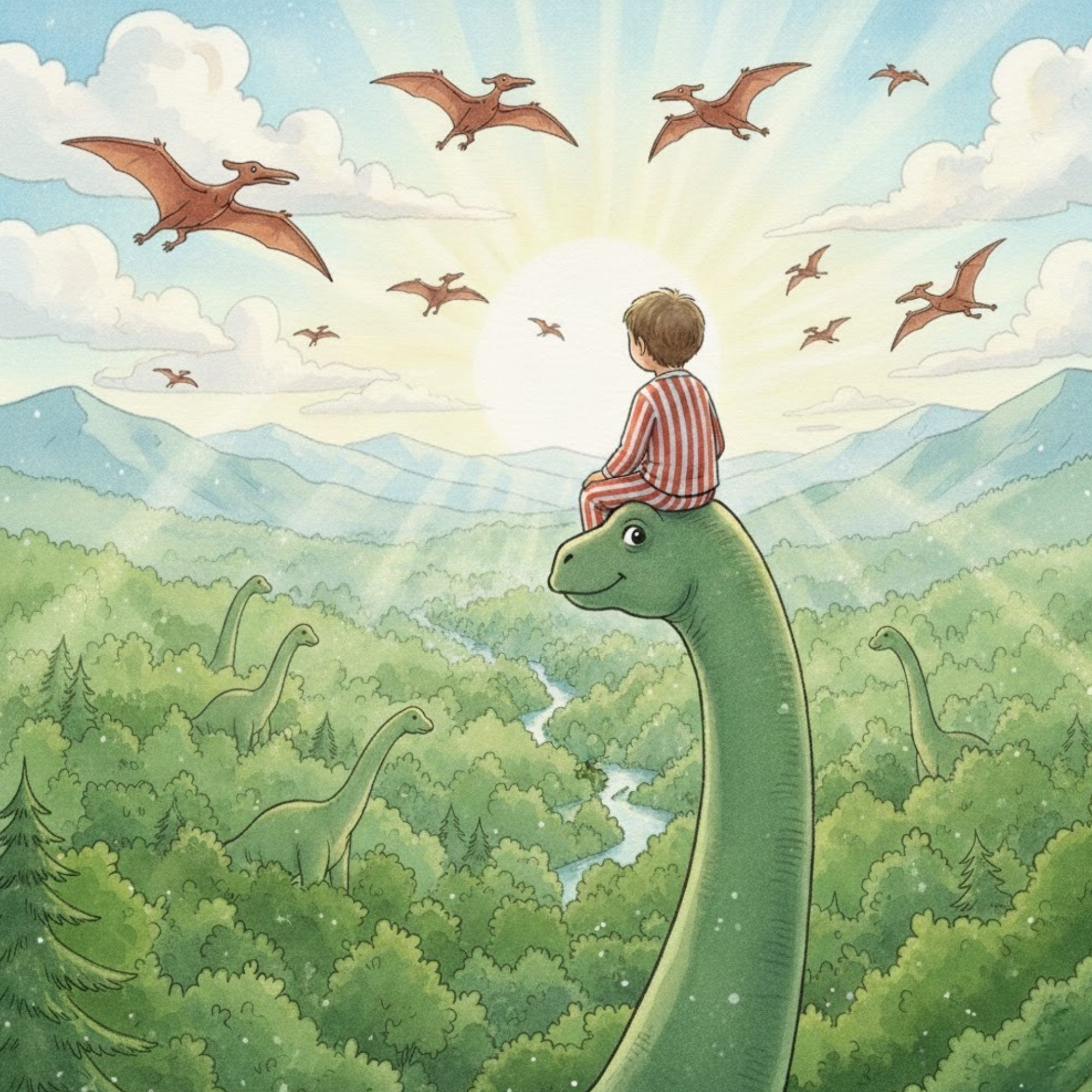 Child riding a dinosaur above a lush prehistoric jungle — The Dinosaur Tree adventure illustration